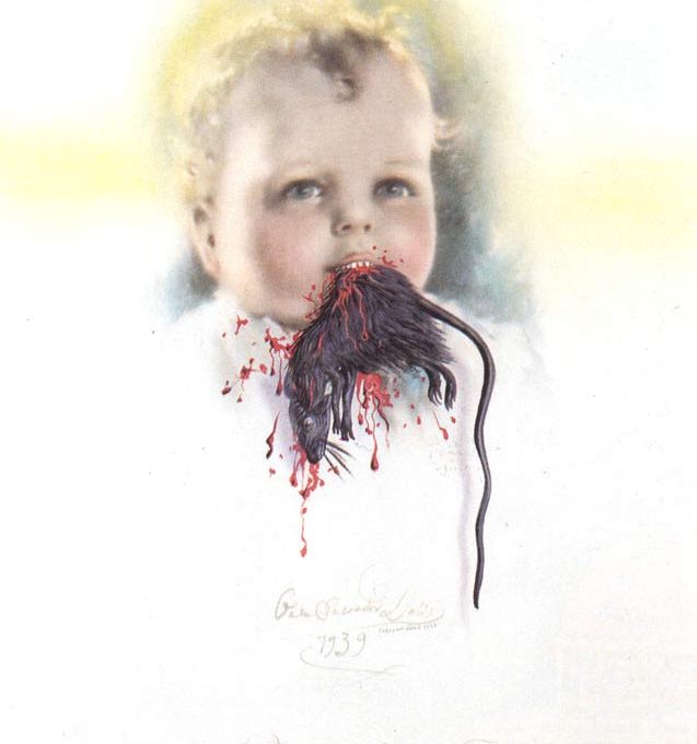 Фройд в полиморфна перверзия или българското дете, ядящо плъх. Салвадор Дали, 1939 г.